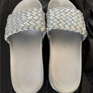 Silver Woven Slide Sandals
